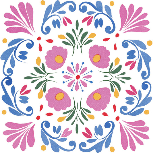 folk art, floral, symmetrical, magenta pink, cornflower blue, golden yellow, forest green, red, ornamental, traditional, bohemian, whimsical, decorative, daisy, flowers with yellow centers, scrollwork, filigree, mexican inspired, tile pattern, geometric florals, spring, summer, nature, botanical, vibrant colors, retro, vintage style, folk design, medallion pattern, multi-colored