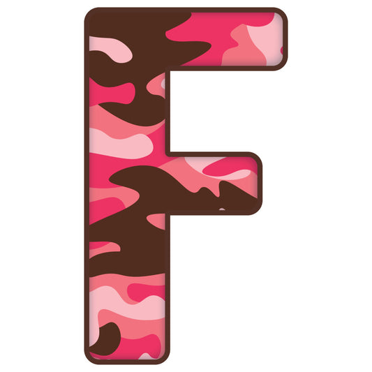 hot pink, deep brown, chocolate brown, rose pink, light pink, camouflage, camo print, abstract, modern, geometric, wavy patterns, organic shapes, contemporary, bold, vibrant, letter f, alphabet, monogram, playful, fun, whimsical, youth, kids, children, decorative, statement piece, wall art, nursery, bedroom, home decor