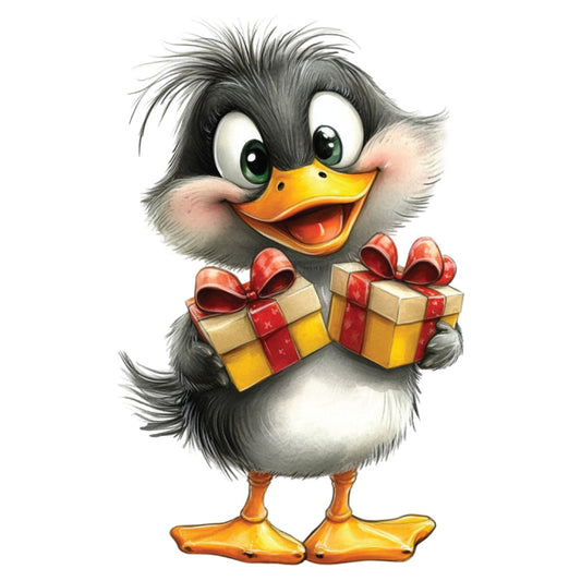 duck, duckling, gray feathers, orange beak, green eyes, gift boxes, red ribbons, yellow presents, fluffy fur, cartoon style, whimsical art, cheerful character, holiday theme, fabric panel, quilting cotton, cute animal, playful design, festive gifts, children's fabric, nursery decor