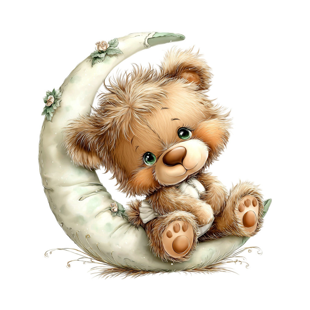 teddy bear, adorable, cute animals, sweet, nursery, baby, cream, tan, brown, honey brown, soft colors, whimsical, gentle, cuddly, children's, sleeping bear, moon, floral accents, roses, vintage style, soft pastels, dreamy, bedtime, lullaby, storybook, illustration, woodland, nature inspired, baby quilt, crib bedding