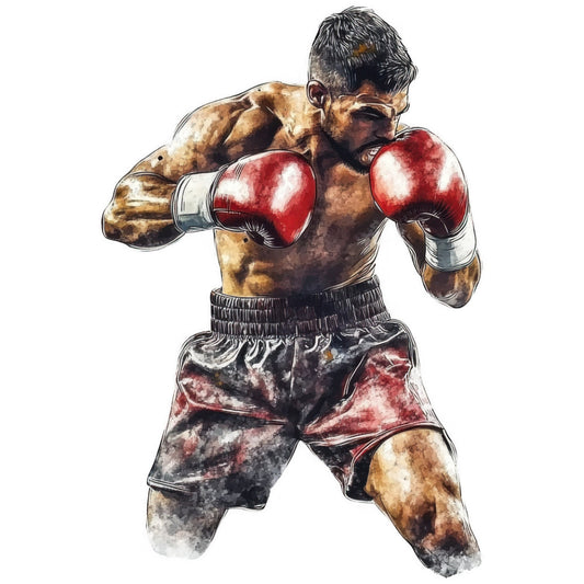 boxer, boxing, sports, athletic, red gloves, crimson red, deep red, burgundy, black, tan, brown, beige, flesh tone, muscular man, fighting, combat sport, action, dynamic pose, strength, power, masculine, gym, training, competitive, illustration style, watercolor, portrait, figure study, men's interest, sports enthusiast