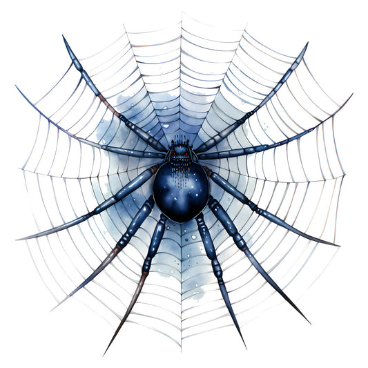 spider web, spider, navy blue, dark blue, light blue, white, gray, metallic, geometric, nature, animals, insects, arachnid, intricate, detailed, modern, elegant, gothic, celestial, starry, dewdrops, symmetrical, detailed illustration, sophisticated, dark academia, halloween, spooky, decorative, artistic