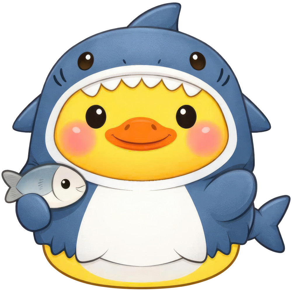 duck, yellow, blue, navy blue, white, orange, shark, cute, whimsical, kawaii, animal, children, kids, playful, funny, humorous, quirky, modern, cheerful, happy face, smiling, novelty, baby, nursery, toddler, fish, sea creature, fantasy, character