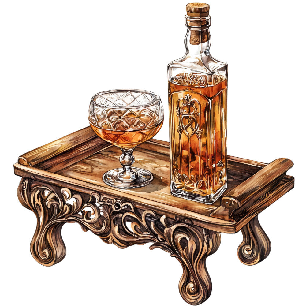 bourbon bottle, whiskey glass, ornate wooden table, amber liquid, crystal cut glass, cork stopper, rich brown tones, golden hues, vintage styling, decorative scrollwork, carved wood details, alcohol themed, bar scene, sophisticated atmosphere, fabric panel, quilting cotton, masculine design, warm earth tones, still life composition, luxury spirits