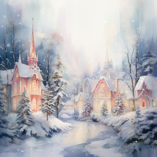 winter village, snowy landscape, christmas scene, holiday, churches, steeples, snow-covered trees, winter trees, evergreen trees, festive, magical, whimsical, elegant, vintage, peaceful, cream white, soft blue, blush pink, coral pink, warm gold, cozy, traditional, storybook, christmas village, winter holiday, decorative panel, wall hanging, winter scenery, falling snow, illuminated windows