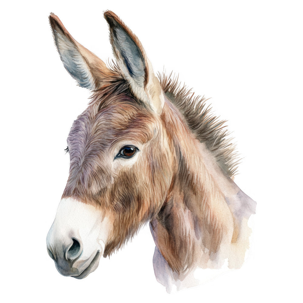 donkey, farm animals, farmhouse, rustic, animal portrait, livestock, brown, tan, beige, cream, white, gray, blue-gray, watercolor, realistic, gentle, countryside, pastoral, barn animals, equine, mule, nature, traditional, detailed illustration, home decor, wall art, children's theme, storybook, whimsical