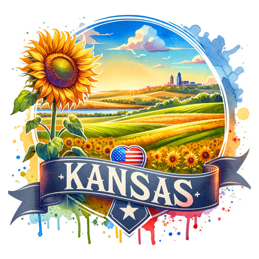 US States Retro Travel Fabric Panel 4 featuring Kansas sunflower and scenic farmland in vibrant colors on premium quilting cotton.