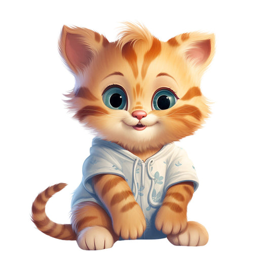 orange tabby kitten, blue pajamas, teal eyes, striped fur, adorable cartoon style, fabric panel, quilting cotton, children's design, baby nursery, soft pastels, whimsical illustration, sleepwear theme, cute animal, digital art style, cream white background, orange stripes, playful mood, kid-friendly, cotton fabric, craft material