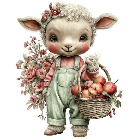 cream lamb, soft white, dusty rose, coral pink, sage green, whimsical animals, farmhouse, pastoral, cute lamb, floral, roses, spring flowers, garden, countryside, vintage style, rustic charm, sweet character, adorable, children's design, baby, nursery, folk art, botanical elements, berries, fruit basket, apples, traditional, storybook, cottage core, nature themed