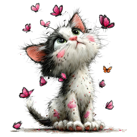 cat, kitten, fluffy cat, white cat, black and white cat, butterflies, pink butterflies, magenta butterflies, orange butterfly, whimsical, playful, cute animals, cat with butterflies, children's fabric, kids design, spring, nature, animal friends, pastel pink, coral pink, soft colors, charming, illustration style, storybook, nursery, baby fabric, wall hanging, apparel, whimsy, sweet design