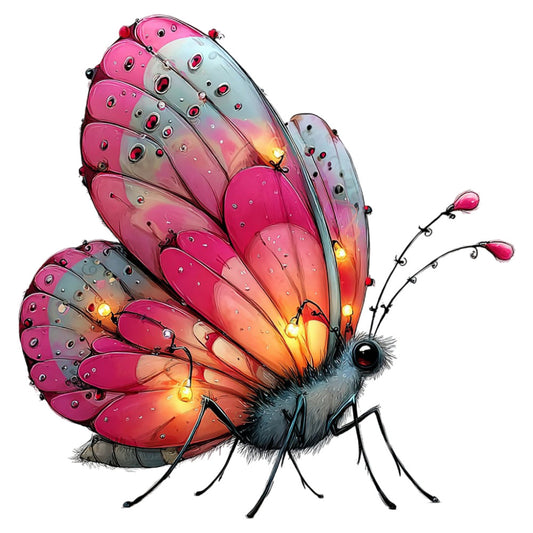 hot pink, coral orange, magenta, golden yellow, gradient, ombre, butterfly, insects, nature, whimsical, fantasy, steampunk, mechanical, gears, illuminated, glowing lights, led, ethereal, magical, spring, summer, wall art, home decor, artistic, contemporary, vibrant, colorful, metallic accents, jeweled details