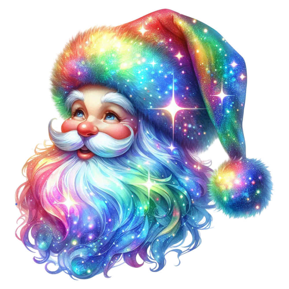 rainbow, galaxy, celestial, santa, magical, whimsical, sparkly, jolly, holiday, christmas, multi-color, gradient, cosmic, stars, glowing, festive, joy, wonder, fantasy, enchanted, dreamy, vibrant, holographic, luminous, nostalgic, retro, colorful, winter, metallic shimmer, playful