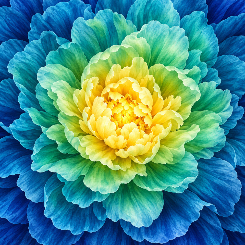 deep blue, turquoise, teal, emerald green, lime green, pale yellow, golden yellow, bright yellow, cream, ombre, gradient, floral, flower, peony, bloom, blooming, layered petals, nature, botanical, elegant, modern, vibrant, colorful, rainbow gradient, spring, summer, wall art, decorative panel, large scale print, center medallion