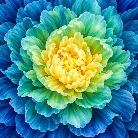 deep blue, turquoise, teal, emerald green, lime green, pale yellow, golden yellow, bright yellow, cream, ombre, gradient, floral, flower, peony, bloom, blooming, layered petals, nature, botanical, elegant, modern, vibrant, colorful, rainbow gradient, spring, summer, wall art, decorative panel, large scale print, center medallion