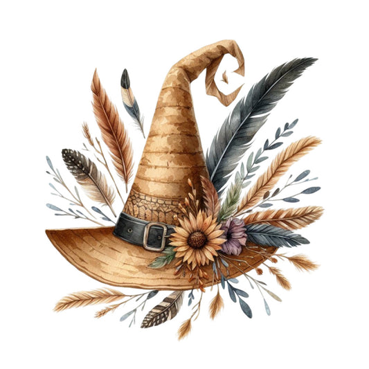 witch hat, autumn, fall, halloween, harvest, feathers, sunflower, floral, nature, rustic, whimsical, farmhouse, tan, brown, cream, black, gold, purple, botanical, leaves, grasses, buckle belt, celestial, magic, witchy, earth tones, vintage, boho, folk art, decorative