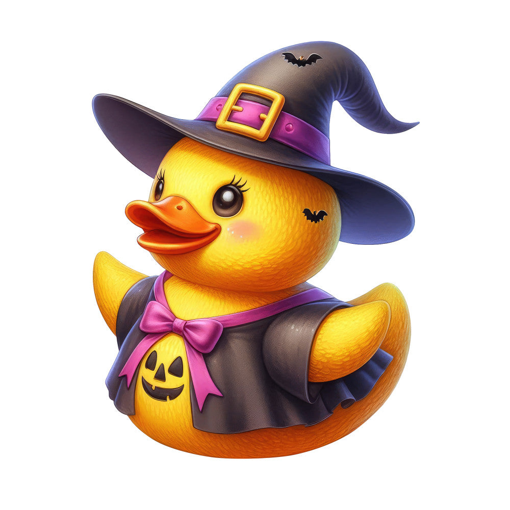 halloween duck, witch hat, purple, yellow, orange, gold, magenta pink, black, cute animals, whimsical, festive, holiday, autumn, fall, halloween theme, witch costume, pumpkin face, bat motifs, decorative panel, children's fabric, playful, seasonal, trick or treat, haunted, magical, spooky cute, costume duck, bow tie, jack-o-lantern