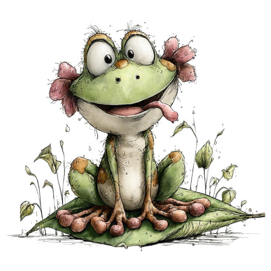 sage green, cream white, dusty rose, pink, brown, whimsical, cute frog, cartoon frog, nature, garden, pond life, spring, playful, children, kids, animal, floral, flowers, botanical, lily pad, water lily, bug eyed frog, funny frog, quirky, illustrative, storybook style, nursery, baby, woodland creature, cheerful