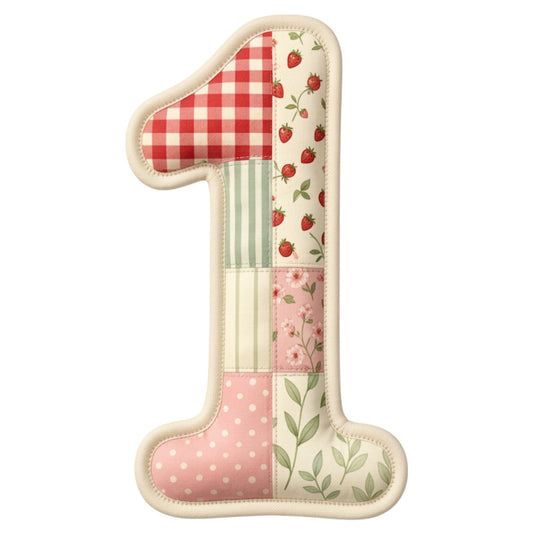 cream, red, pink, sage green, gingham, strawberry, floral, striped, polka dot, vintage, farmhouse, rustic, whimsical, cottage core, patchwork, number one, first birthday, baby, nursery, spring, summer, country, traditional, sweet, shabby chic, gingham check, botanical, leaf motif, berry theme, soft