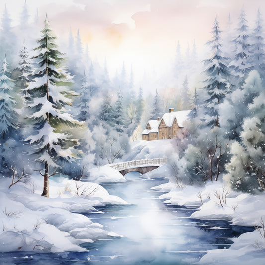 winter landscape, snowy forest, evergreen trees, snow-covered cabin, frozen stream, wooden bridge, holiday scene, christmas, winter scenery, ice blue, cream white, soft gray, pale yellow, forest green, dark blue, watercolor style, nature theme, rustic cottage, mountain lodge, peaceful scene, winter wonderland, snow-laden branches, bare trees, cozy home, seasonal winter, wall hanging, large scale panel, landscape print, traditional style, elegant design