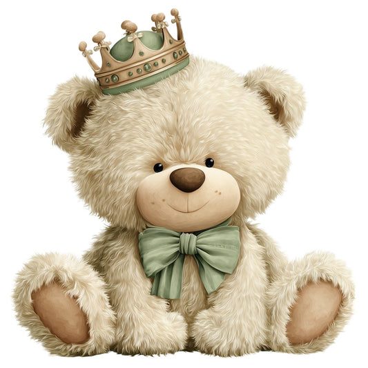 cream teddy bear, sage green bow, gold crown, ivory fluffy bear, royal theme, whimsical animals, nursery, baby shower, children's theme, cute characters, soft pastels, cream and green, vintage style, storybook illustration, kids fabric, gender neutral baby, prince theme, adorable bear, decorative panel, fairytale theme, gentle colors, playful design, soft illustration, bedding, baby room decor, charming creatures, classic teddy, woodland style, sweet theme