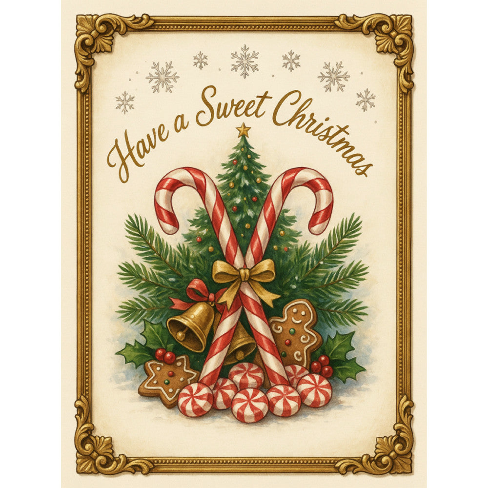 christmas, holiday, sweet christmas, candy canes, gingerbread, peppermint, gold frame, ornate border, evergreen, pine branches, holly, red and white, forest green, gold accents, cream background, snowflakes, vintage, traditional, festive, decorative, elegant, nostalgic, winter, seasonal, candy, gingerbread men, bells, ribbon bow, peppermint candies, christmas tree