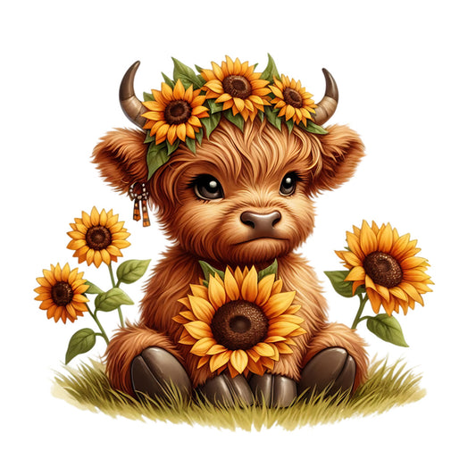 Sunflower Highland Cows Fabric Panel 24 featuring a cute highland cow surrounded by bright sunflowers on premium quilting cotton.