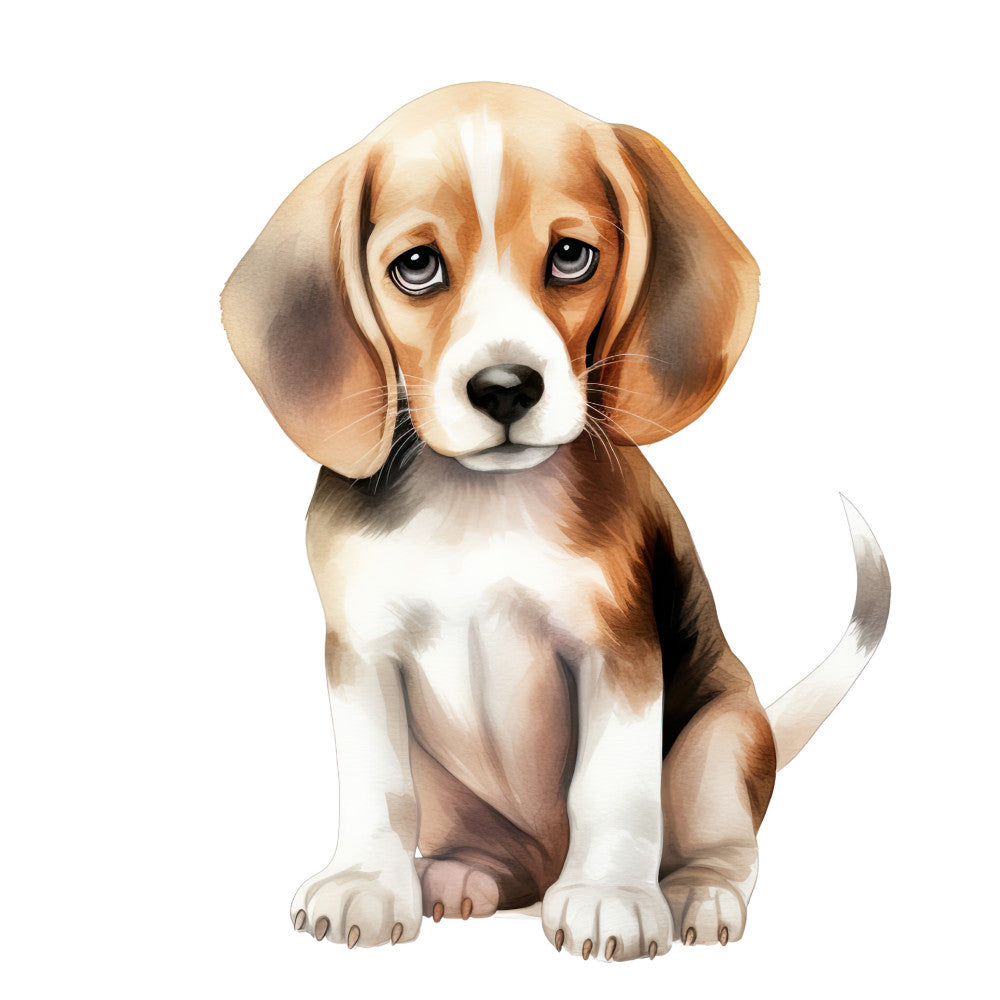 Watercolor Dogs Fabric Panel 26 features a detailed, soft-toned illustration of a sad beagle puppy on premium quilting cotton.