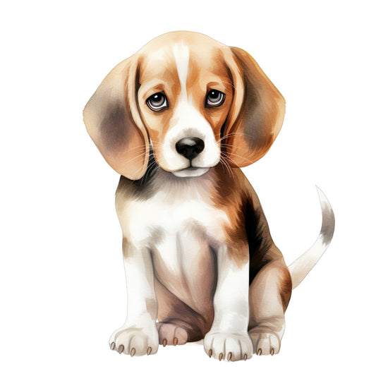 Watercolor Dogs Fabric Panel 26 features a detailed, soft-toned illustration of a sad beagle puppy on premium quilting cotton.