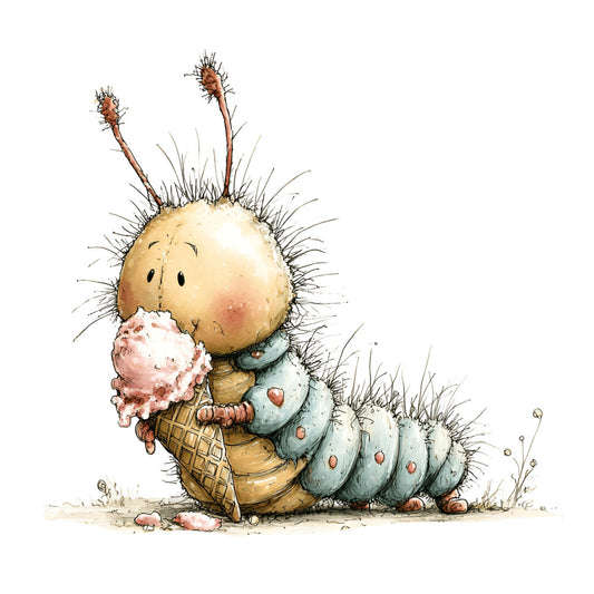 whimsical, creature, caterpillar, ice cream, cute, children's, baby, nature, insects, fantasy, storybook, illustration, whimsy, soft colors, cream, pale blue, dusty blue, terracotta, brown, charming, nursery, playful, character design, springtime, quirky, detailed illustration, artistic, enchanted, woodland, adorable