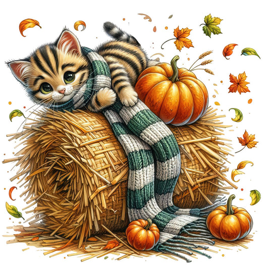 autumn cat, fall kitten, pumpkin, striped tabby, forest green, cream, golden yellow, orange, rustic, whimsical, farmhouse, harvest, seasonal, plaid scarf, hay bale, autumn leaves, maple leaves, cozy, thanksgiving, fall harvest, woodland animals, cute animals, nature themed, traditional, fall colors, orange pumpkins, striped pattern, animals in clothing, cheerful, festive