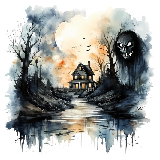 spooky, halloween, haunted house, ghost, skull, dark academia, gothic, watercolor, autumn, fall, creepy, eerie, moody, dark blue, charcoal gray, cream, orange, bare trees, dead trees, full moon, moonlit, horror, supernatural, dark fantasy, gloomy, mysterious, atmospheric, stream water, silhouette, skeletal trees