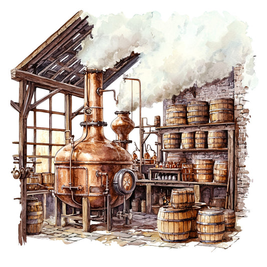 bourbon distillery, copper still, wooden barrels, vintage illustration, watercolor style, brown tones, sepia colors, rustic scene, stone walls, brewing equipment, whiskey making, fabric panel, quilting cotton, industrial heritage, aged wood, copper pipes, steam clouds, cobblestone floor, artisan craft, warm earth tones