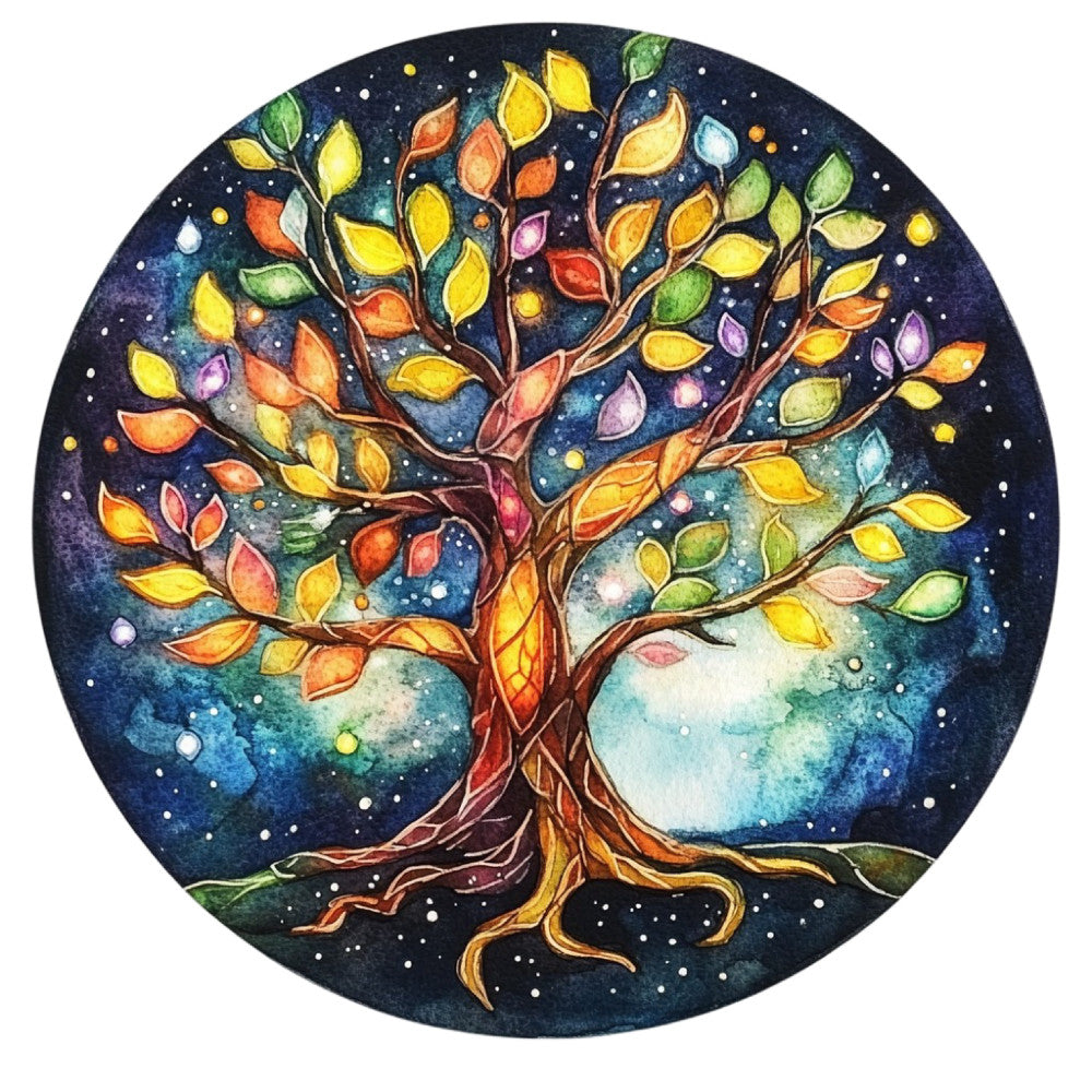 celestial, night sky, tree of life, autumn leaves, fall colors, navy blue, deep blue, golden yellow, burnt orange, coral pink, forest green, purple, stars, cosmic, nature, whimsical, bohemian, spiritual, magical, fantasy, woodland, colorful foliage, glowing, ethereal, peaceful, meditative, art panel, home decor, wall hanging, inspirational