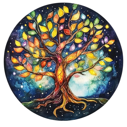 celestial, night sky, tree of life, autumn leaves, fall colors, navy blue, deep blue, golden yellow, burnt orange, coral pink, forest green, purple, stars, cosmic, nature, whimsical, bohemian, spiritual, magical, fantasy, woodland, colorful foliage, glowing, ethereal, peaceful, meditative, art panel, home decor, wall hanging, inspirational