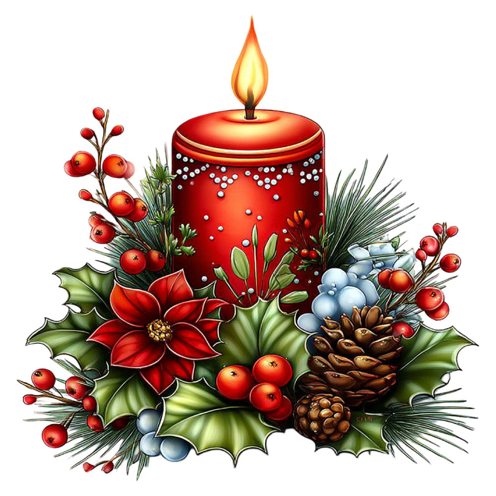 red candle, poinsettia, holly leaves, pinecones, red berries, blue berries, white pearls, gold accents, christmas, holiday, festive, traditional, elegant, winter, seasonal, decorative, table runner, wall hanging, centerpiece, botanical, floral, nature-inspired, warm tones, rich red, forest green, cream white, metallic gold, victorian, classic, timeless