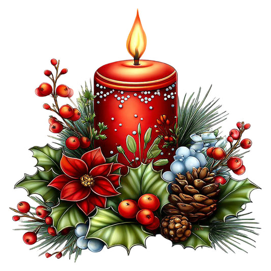 red candle, poinsettia, holly leaves, pinecones, red berries, blue berries, white pearls, gold accents, christmas, holiday, festive, traditional, elegant, winter, seasonal, decorative, table runner, wall hanging, centerpiece, botanical, floral, nature-inspired, warm tones, rich red, forest green, cream white, metallic gold, victorian, classic, timeless