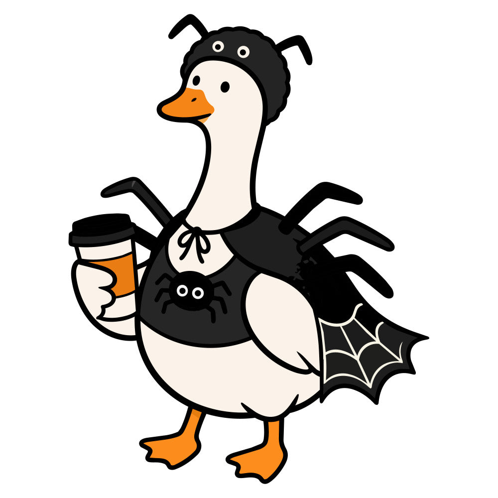 halloween, spooky, duck, goose, witch, spider web, coffee cup, black, cream, orange, whimsical, funny, cute, humorous, holiday, fall, autumn, animal, bird, costume, themed, festive, spider, web pattern, multi-armed character, playful, seasonal, october, trick or treat