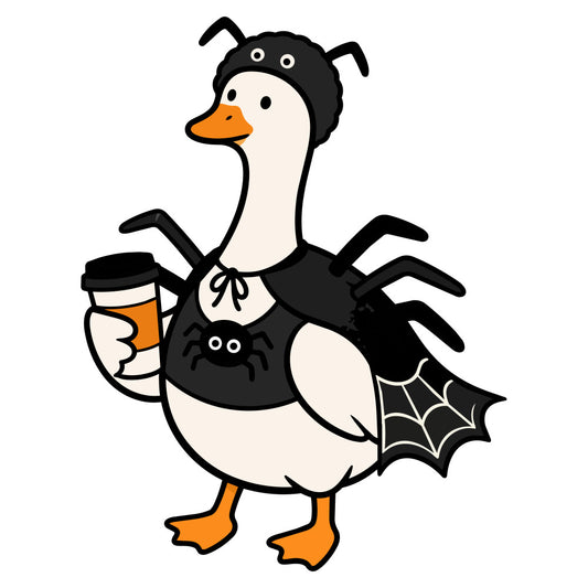 halloween, spooky, duck, goose, witch, spider web, coffee cup, black, cream, orange, whimsical, funny, cute, humorous, holiday, fall, autumn, animal, bird, costume, themed, festive, spider, web pattern, multi-armed character, playful, seasonal, october, trick or treat