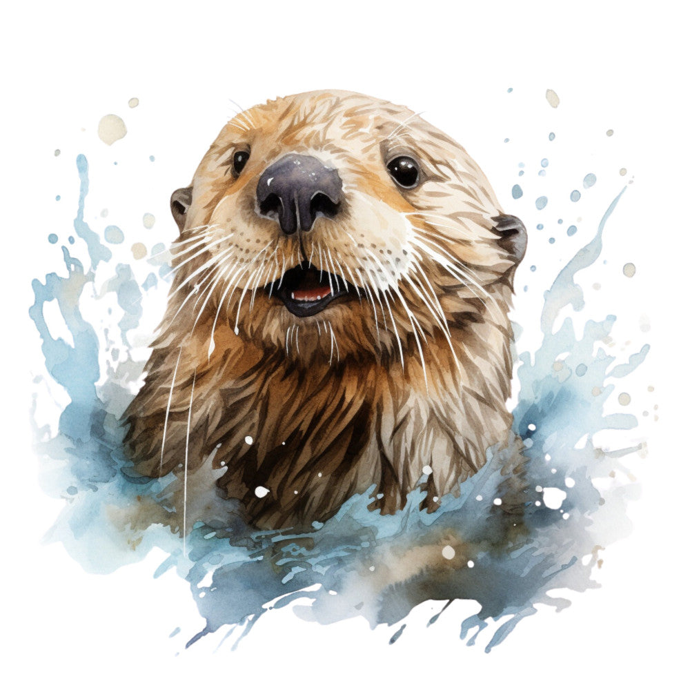 otter, watercolor, aquatic, wildlife, animals, water, splashes, blue, tan, beige, cream, soft blue, gray, abstract, nature, whimsical, artistic, painted, watercolor effect, adorable, cute, playful, aquarium, marine life, freshwater, pond, splatter, ink wash, contemporary, modern