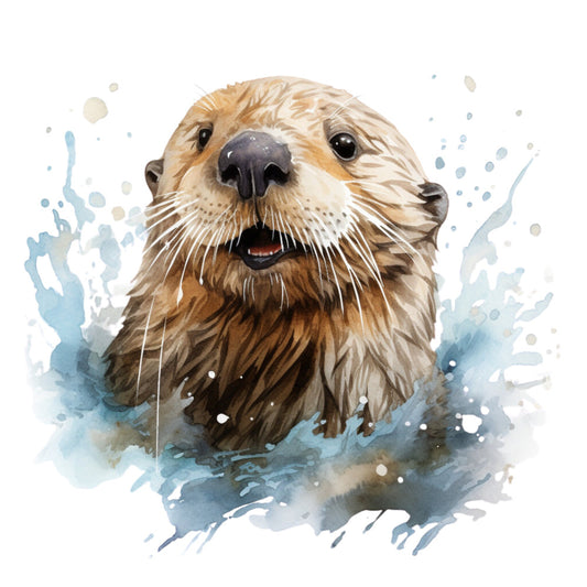 otter, watercolor, aquatic, wildlife, animals, water, splashes, blue, tan, beige, cream, soft blue, gray, abstract, nature, whimsical, artistic, painted, watercolor effect, adorable, cute, playful, aquarium, marine life, freshwater, pond, splatter, ink wash, contemporary, modern