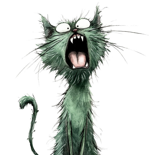 sage green, forest green, muted green, watercolor, whimsical, quirky, cats, cat illustration, expressive, character design, hand-painted, ink drawing, cartoon, contemporary, humorous, novelty, animal characters, children's, playful, artistic, sketch style, green tones, illustrated cats, decorative, modern whimsical, pet themed, fun, expressive faces, character fabric