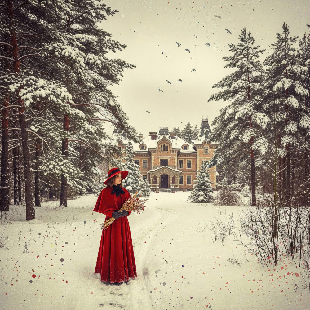 winter scene, snow-covered trees, red cloak, Victorian mansion, fairy tale, vintage holiday, cream ivory, deep red, burgundy, forest green, golden brown, nostalgic, romantic, elegant, whimsical, storybook illustration, winter landscape, snowy forest, birds in flight, enchanted castle, holiday theme, Christmas aesthetic, classic literature inspired, period costume, magical, timeless, vintage winter, festive, nature scene, architectural elements