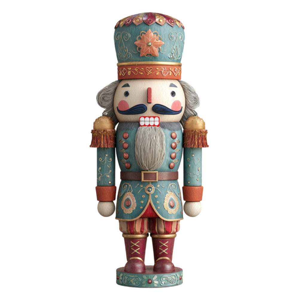 nutcracker, holiday, christmas, teal blue, sage green, coral red, rust orange, cream, traditional, vintage, whimsical, festive, soldier, military uniform, decorative buttons, ornamental patterns, gold accents, floral crown, mustache, bearded character, winter, seasonal, wall hanging, decorative panel, elegant, folk art, european, nutcracker ballet, holiday decor, children's theme