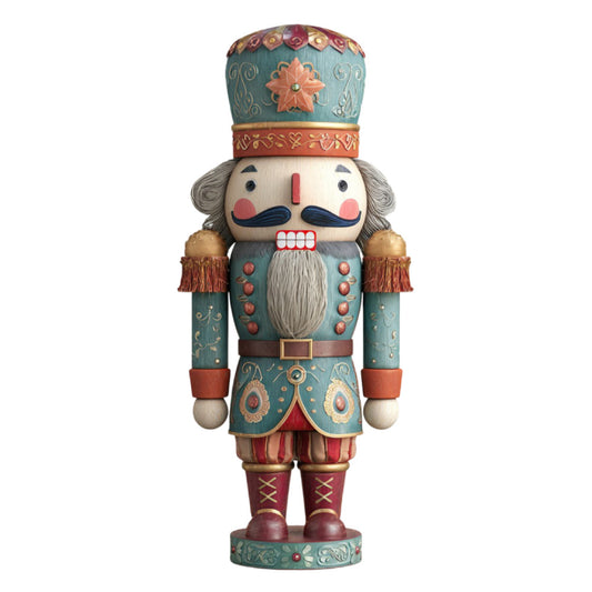 nutcracker, holiday, christmas, teal blue, sage green, coral red, rust orange, cream, traditional, vintage, whimsical, festive, soldier, military uniform, decorative buttons, ornamental patterns, gold accents, floral crown, mustache, bearded character, winter, seasonal, wall hanging, decorative panel, elegant, folk art, european, nutcracker ballet, holiday decor, children's theme