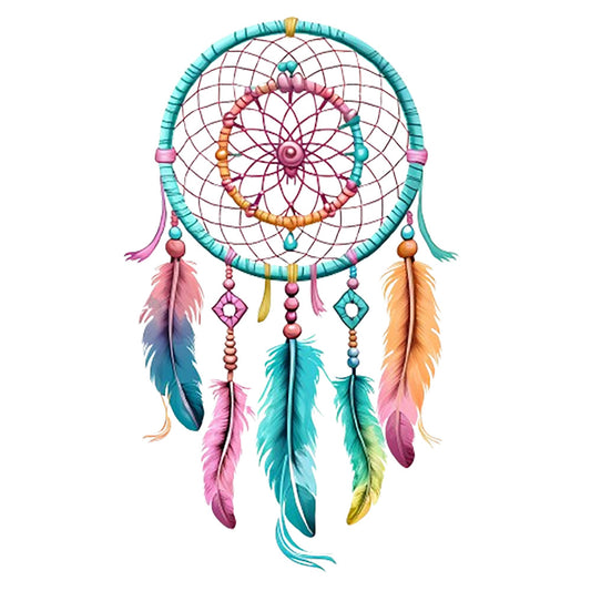 Watercolor Dream Catcher Fabric Panel 1 depicting a detailed, vibrant dream catcher with colorful feathers and beads on white background.
