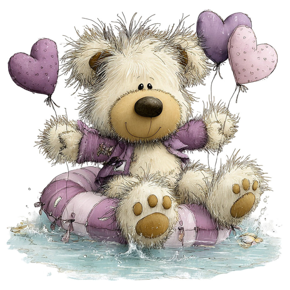 cute bear, teddy bear, whimsical, purple balloons, heart balloons, lavender, dusty purple, mauve, cream, beige, tan, water splashes, puddles, animals, children's, baby, sweet, playful, heart motifs, balloon motifs, spring, gentle, soft colors, adorable, nursery, storybook, illustration style, pastel colors, friendship, celebration