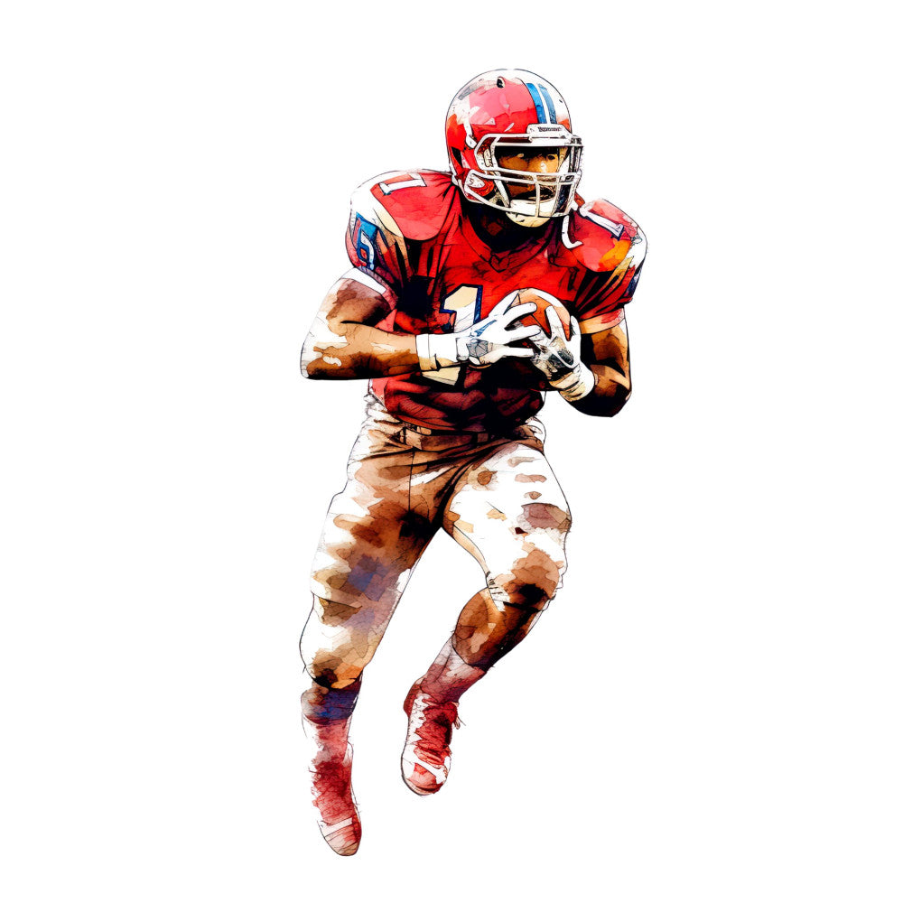 red, crimson red, white, tan, brown, cream, blue accents, sports, football, athlete, watercolor, abstract, portrait, action pose, dynamic movement, realistic, modern, sports fan, team colors, masculine, athletic wear, running back, receiver, touchdown, game day, sports memorabilia, wall art, home decor, fan apparel