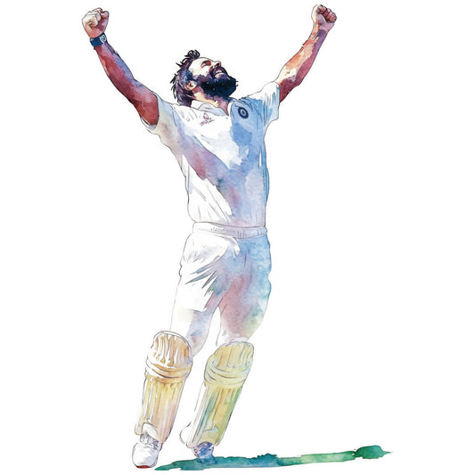 cricket, sports, athlete, celebration, victory, watercolor, abstract, male figure, jumping pose, arms raised, blue, white, cream, soft purple, dusty rose, gold, watercolor wash, impressionistic, modern, athletic wear, cricket uniform, inspirational, motivational, sports fan, sporty, casual wear, apparel fabric, home decor, wall art