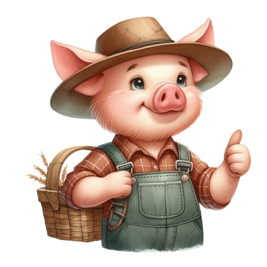farmer pig, cowboy pig, western, farm animals, farmhouse, rustic, country, plaid shirt, overalls, barn, agriculture, cute animals, whimsical, children's, kids, baby, tan, brown, coral pink, sage green, red plaid, basket, thumbs up, cheerful, vintage farm, pastoral, animal characters, nursery