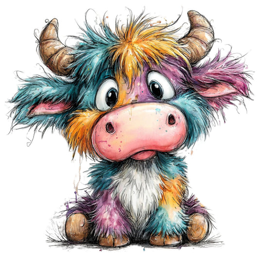 whimsical, colorful, highland cow, cattle, animal, watercolor, multi-color, teal, golden yellow, coral pink, purple, brown, splash, artistic, playful, children's, cute, farmhouse, rustic, modern, quirky, expressive eyes, horns, folk art, boho, vibrant, illustration style, cheerful, fun